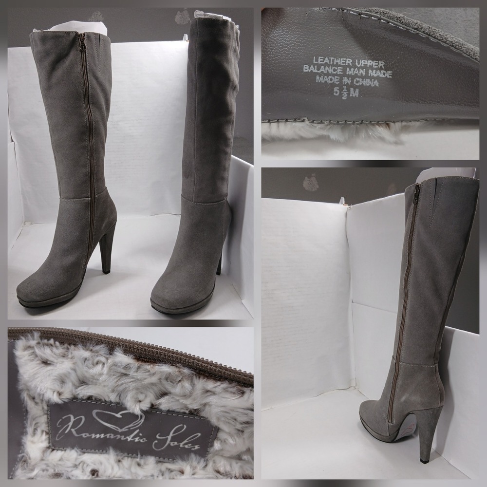 Romantic Soles Knee High‎ Boots Women's 5.5M Gray Suede Heeled Side Zip Faux Fur